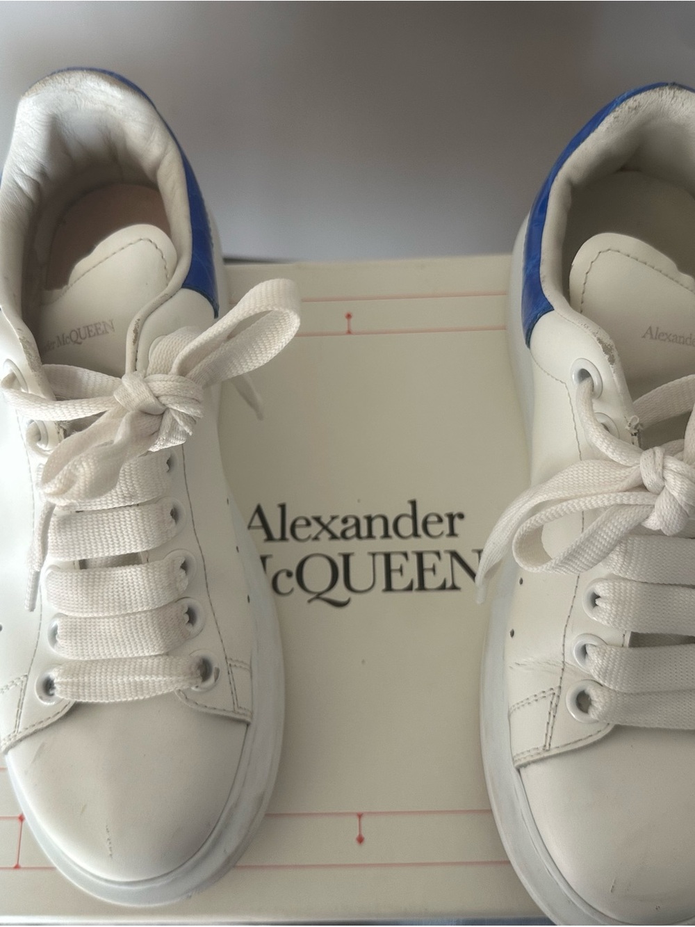 Alexander McQueen White Leather Sneakers with Blue Heel Tab
